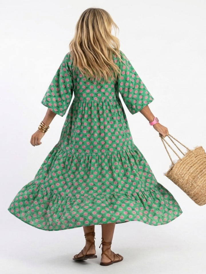 FIORA | FLORAL PRINT V NECK TIERED MIDI DRESS
