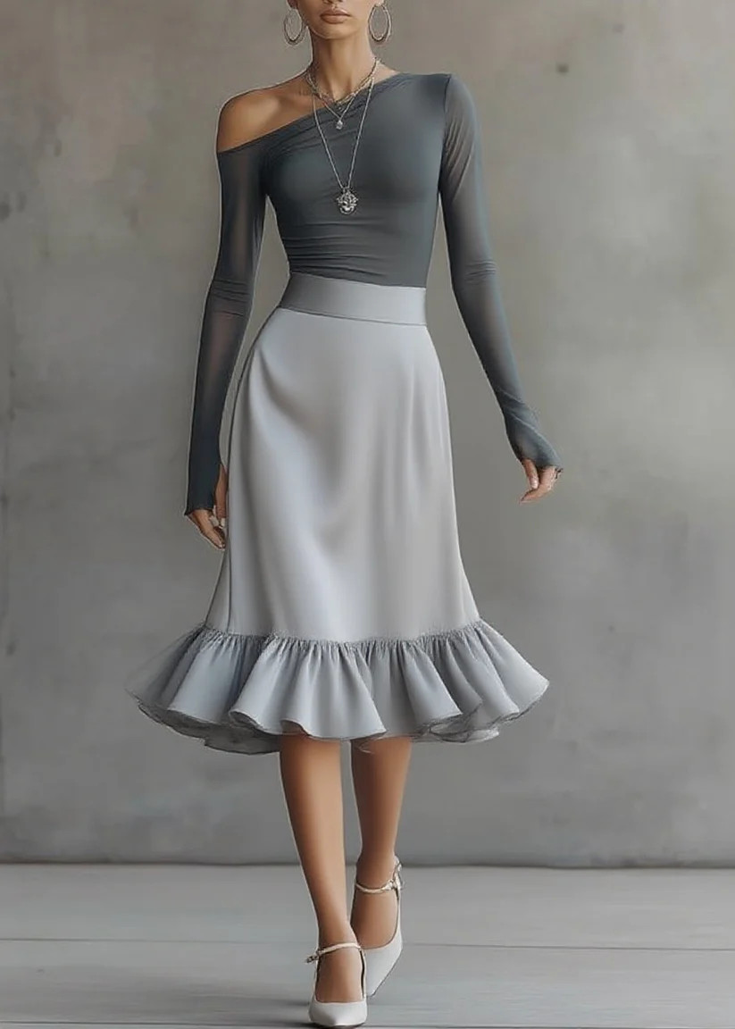 Midi Dress with Off-Shoulder Top and Long Sleeves