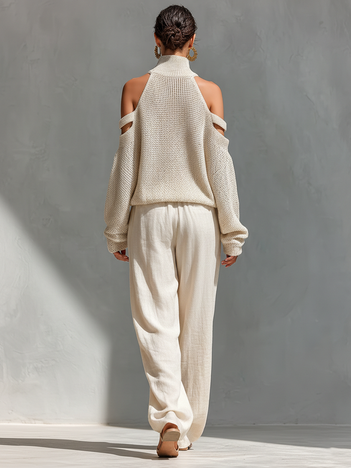 MARIA |  Knit Fabric Cold-Shoulder Turtleneck Top & Wide-Leg Pants Set