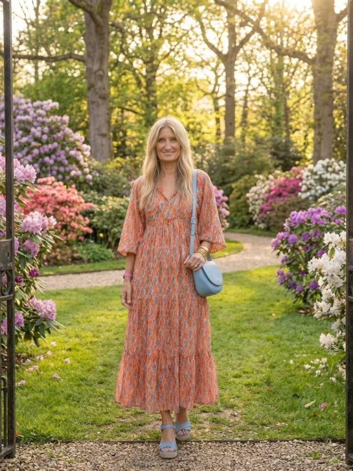 AMARA | GEOMETRIC PRINT V NECK TIERED MIDI DRESS
