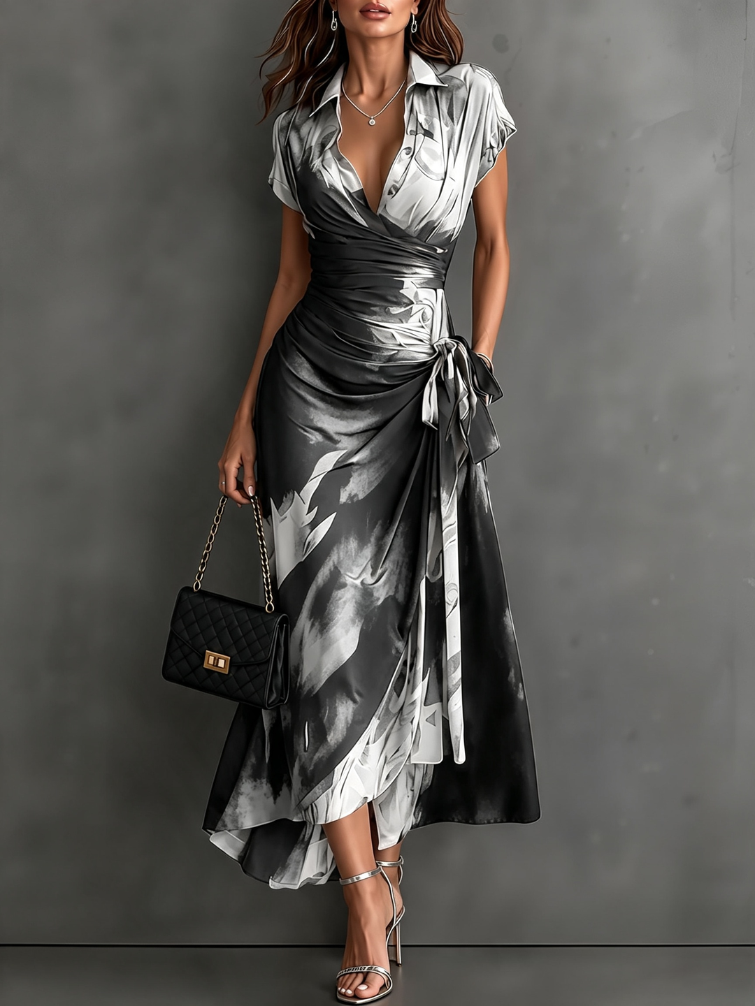 Midi Wallet Dress With V-Neck Collar