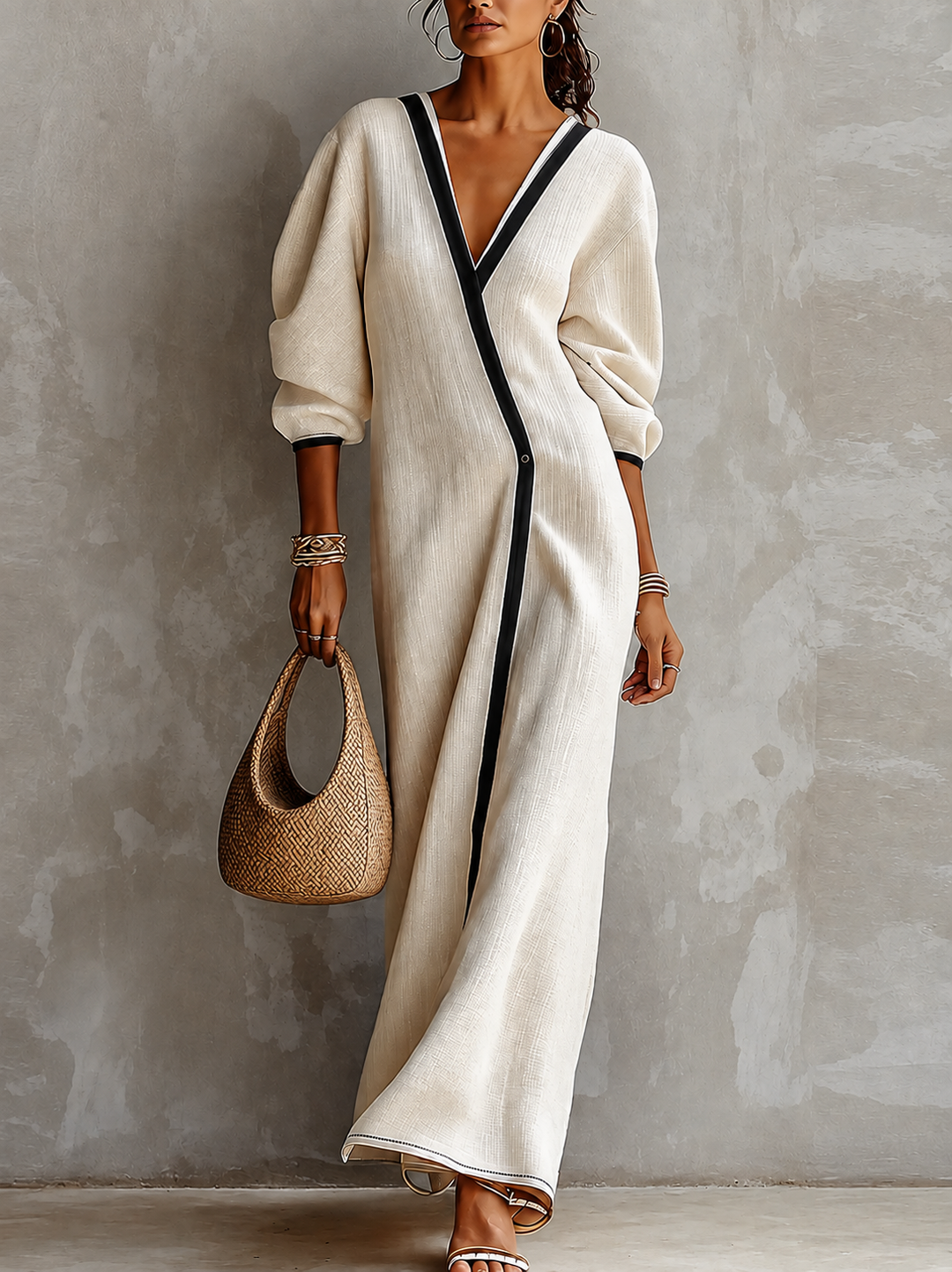 Maxi Dress With V-Neck and Lantern Sleeves