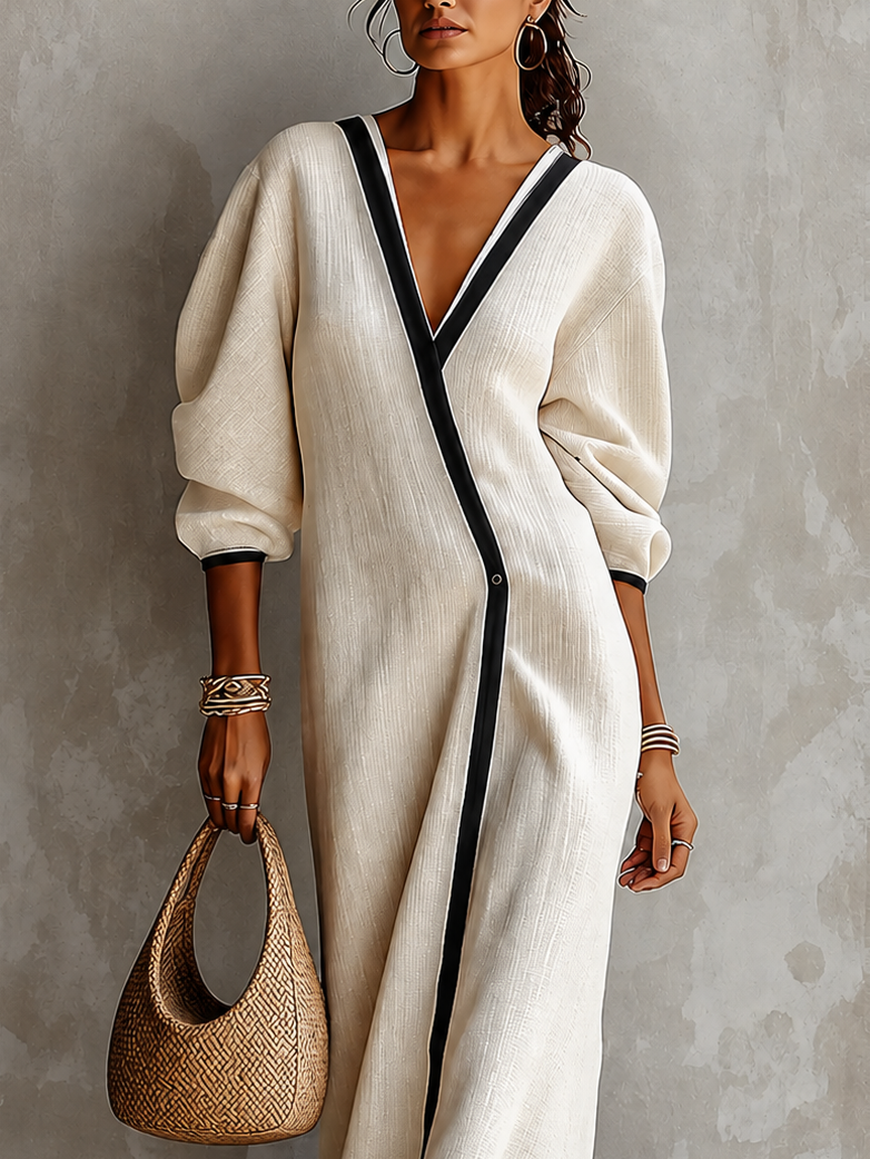 Maxi Dress With V-Neck and Lantern Sleeves